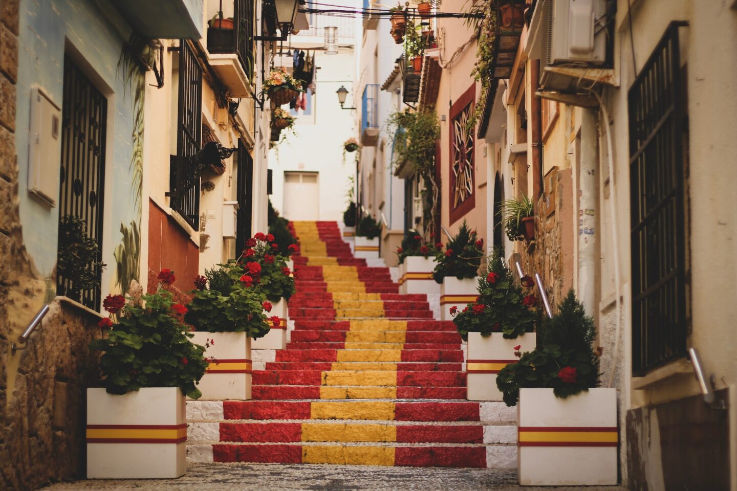 Images of stairway in Spain with Spanish flag painted on the stairs